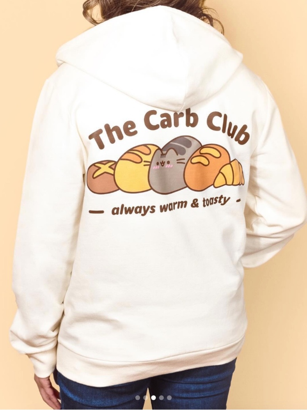Pusheen Cream Zip-Up Hoodie with 'Let's Roll' Cat & Bread Graphic - Picture 2 of 4